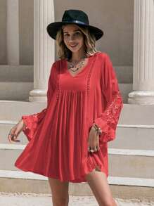 Rusttydustty Guipure Lace Insert Smock Dress - Red - View 1