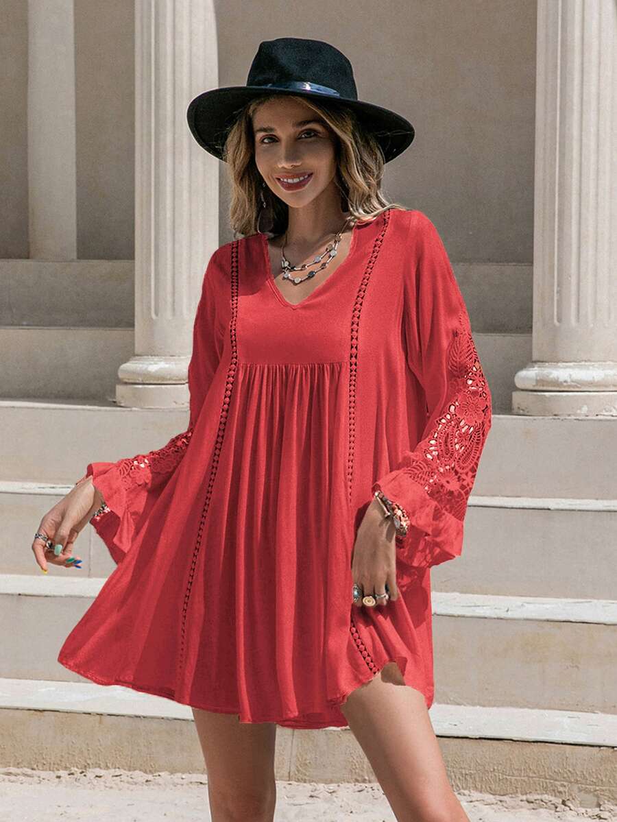 Rusttydustty Guipure Lace Insert Smock Dress - Red - View 1