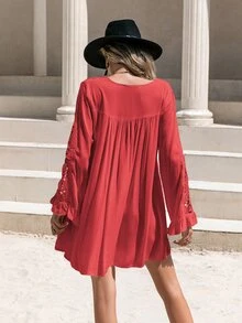 Rusttydustty Guipure Lace Insert Smock Dress - Red - View 2