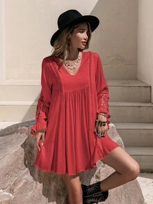 Rusttydustty Guipure Lace Insert Smock Dress - Red - View 5