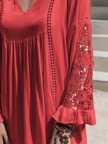 Rusttydustty Guipure Lace Insert Smock Dress - Red - View 6