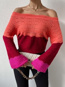 SHEIN Essnce Colourblock Off Shoulder Bishop Sleeve Pointelle Knit Jumper - Multicolor - View 1