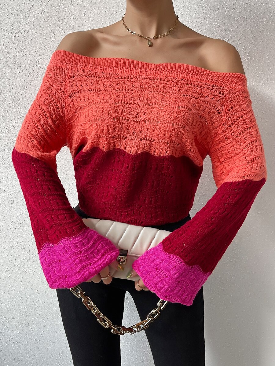SHEIN Essnce Colourblock Off Shoulder Bishop Sleeve Pointelle Knit Jumper - Multicolor - View 1