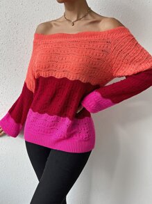 SHEIN Essnce Colourblock Off Shoulder Bishop Sleeve Pointelle Knit Jumper - Multicolor - View 3