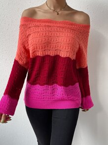 SHEIN Essnce Colourblock Off Shoulder Bishop Sleeve Pointelle Knit Jumper - Multicolor - View 5
