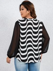 Calvaya Plus Wave Striped Print Lantern Sleeve Blouse - Black and White - View 2