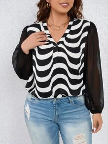 Calvaya Plus Wave Striped Print Lantern Sleeve Blouse - Black and White - View 4