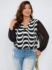Calvaya Plus Wave Striped Print Lantern Sleeve Blouse - Black and White - View 5