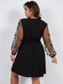 SHEIN LUNE Plus Contrast Mesh Lantern Sleeve Guipure Lace Insert Dress - Black - View 2