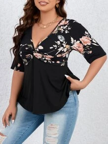 SHEIN LUNE Áo thun Plus size xoắn lại Hoa Giải trí - màu đen - Xem 1
