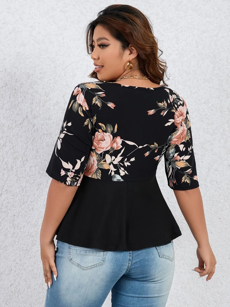 SHEIN LUNE Plus Floral Print Twist Front Tee - Black - View 2