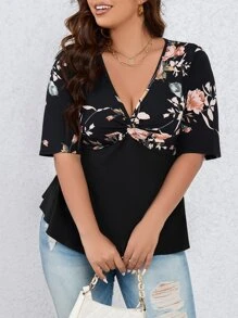 SHEIN LUNE Áo thun Plus size xoắn lại Hoa Giải trí - màu đen - Xem 4