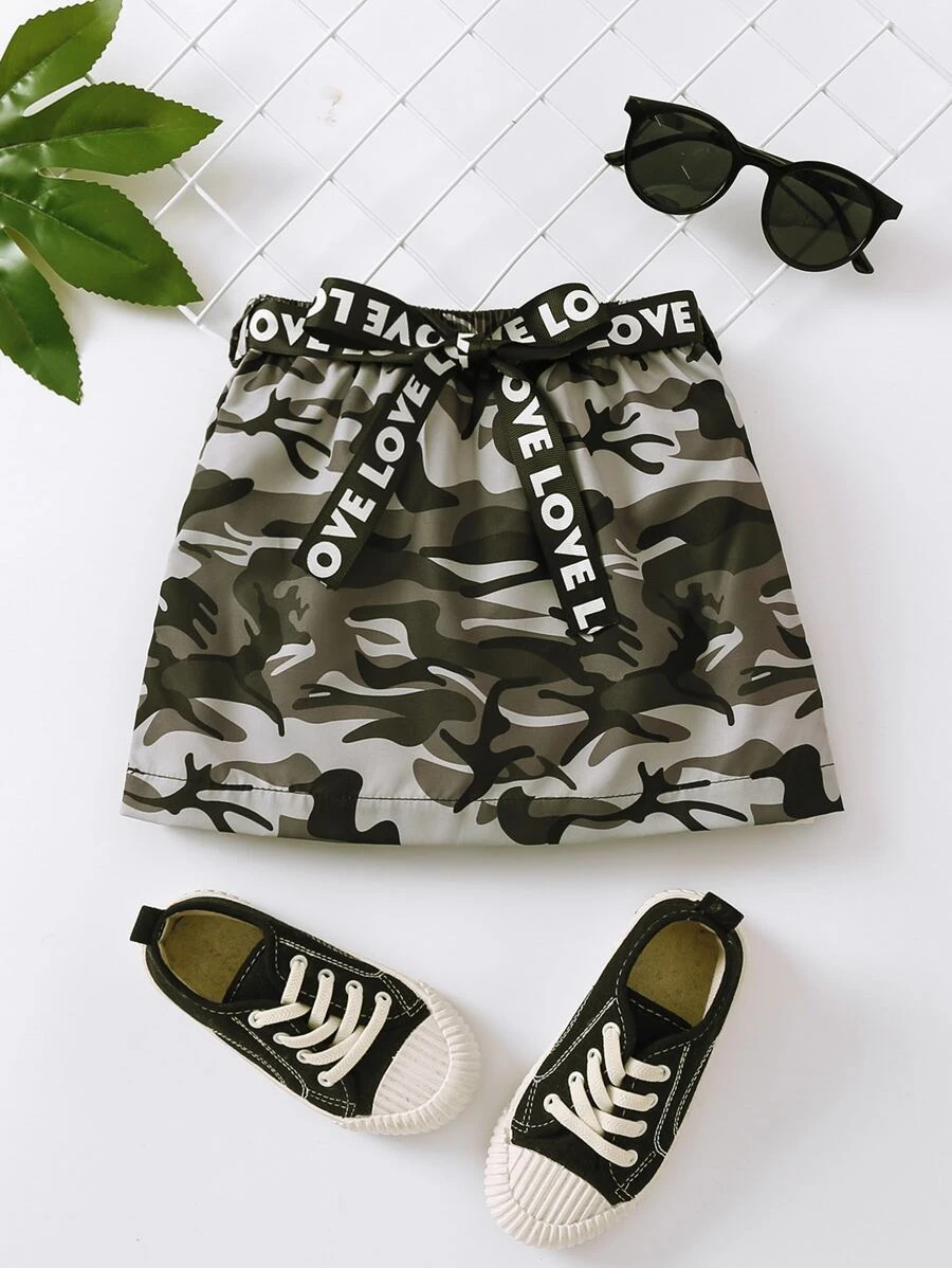小女童迷彩印花腰帶半身裙