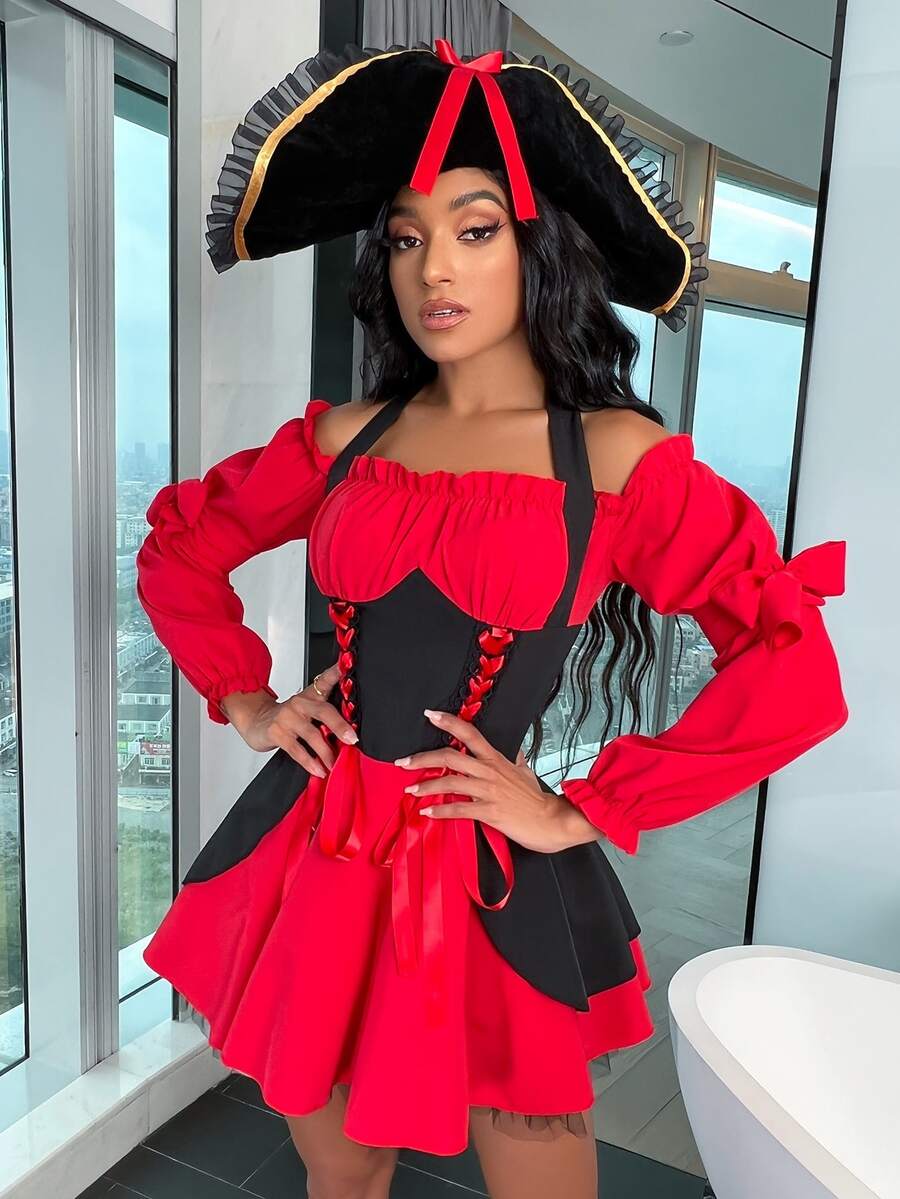 Colorblock Lace Up Front Halloween Costume Dress With Hat - Red - View 1