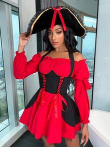Colorblock Lace Up Front Halloween Costume Dress With Hat - Red - View 3