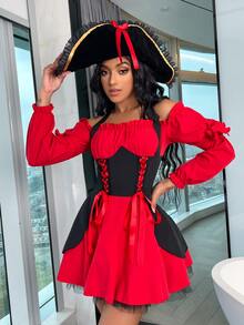 Colorblock Lace Up Front Halloween Costume Dress With Hat - Red - View 4