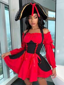Colorblock Lace Up Front Halloween Costume Dress With Hat - Red - View 5