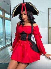 Colorblock Lace Up Front Halloween Costume Dress With Hat - Red - View 6