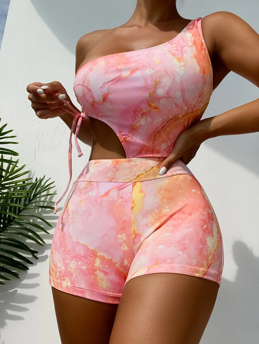 Marble Print Cut-out One Shoulder One Piece Swimsuit - Multicolor - View 1
