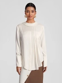 BLAICI Fold Pleated Curved Hem Solid Top - White - View 1