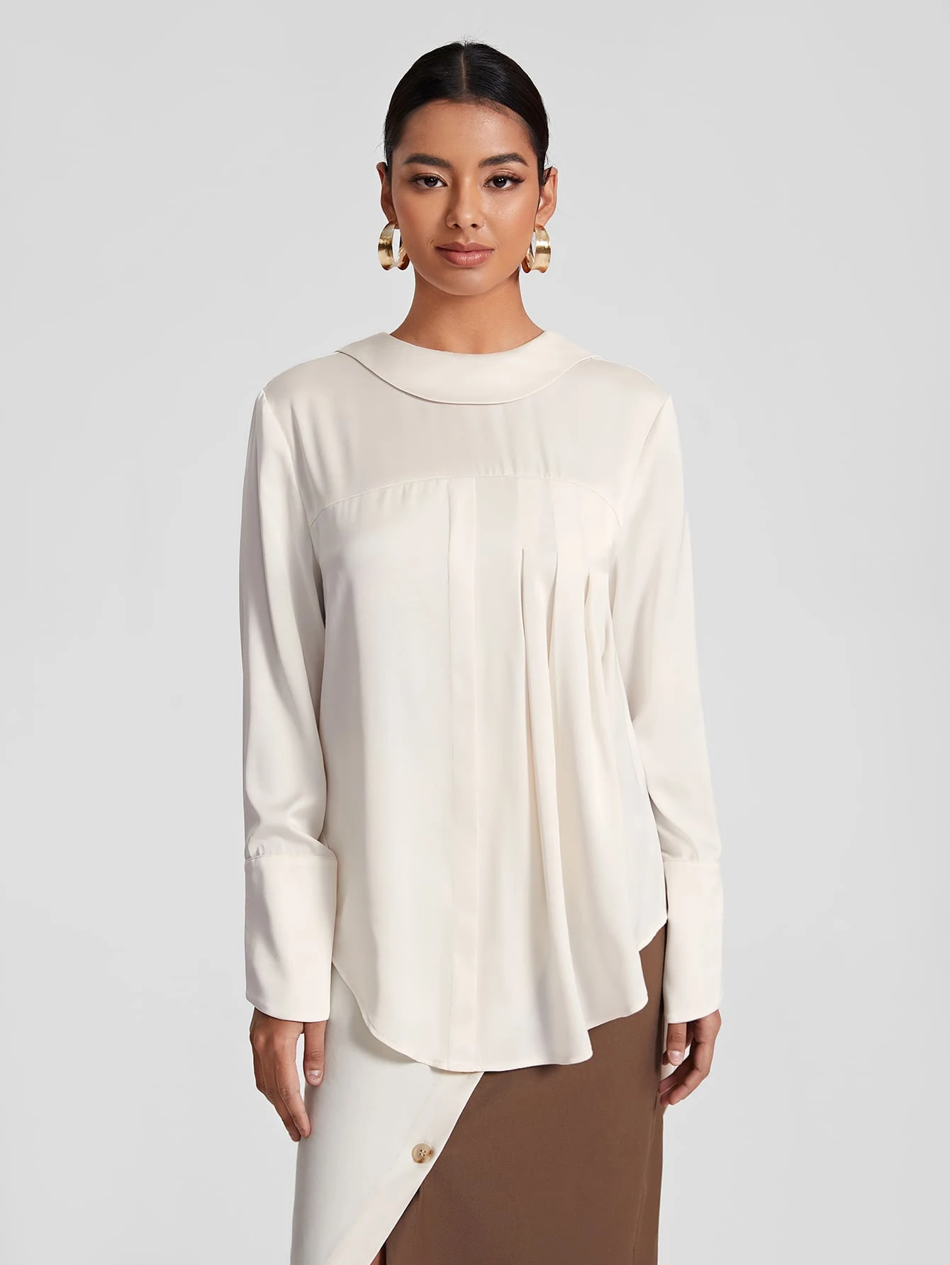 BLAICI Fold Pleated Curved Hem Solid Top - White - View 1