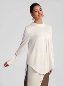BLAICI Fold Pleated Curved Hem Solid Top - White - View 5