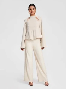 BLAICI 鏤空荷葉袖荷葉邊下擺襯衫 - 米色 - 查看 3