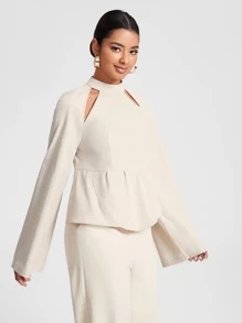 BLAICI 鏤空荷葉袖荷葉邊下擺襯衫 - 米色 - 查看 4