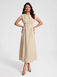 BLAICI Designer Solid Fold Pleated Detail Elegant Dress, For Holiday - Khaki - View 1
