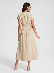 BLAICI Designer Solid Fold Pleated Detail Elegant Dress, For Holiday - Khaki - View 2