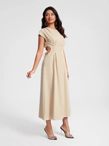 BLAICI Designer Solid Fold Pleated Detail Elegant Dress, For Holiday - Khaki - View 3