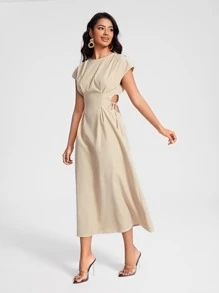 BLAICI Designer Solid Fold Pleated Detail Elegant Dress, For Holiday - Khaki - View 4