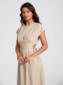 BLAICI Designer Solid Fold Pleated Detail Elegant Dress, For Holiday - Khaki - View 5