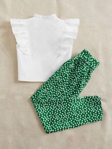 SHEIN Leap Crew 女孩荷葉邊襯衫和小碎花腰帶長褲