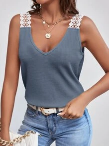 SHEIN Frenchy Contrast Guipure Lace Tank Top Summer Casual - Dusty Blue - View 4