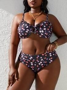 SHEIN Swim Curve Plus Size Ditsy Floral Print Underwire Bikini Set Summer Beach - Multicolor - View 5