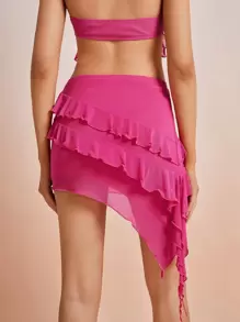 SHEIN ICON Ruffle Trim Asymmetrical Hem Mesh Skirt - Pink - View 2