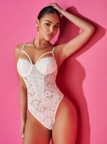 SHEIN BAE Cut Out Lace Cami Bodysuit - White - View 4