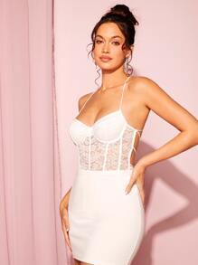 SHEIN BAE Lace Up Backless Lace Bodysuit - White - View 5