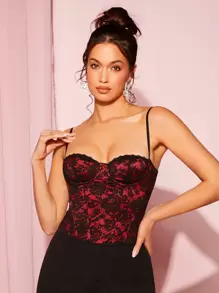 SHEIN BAE Floral Lace Bustier Cami Top - Red - View 1