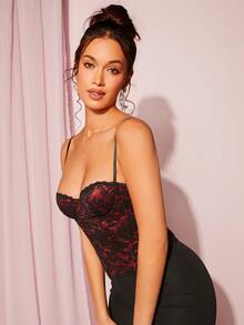 SHEIN BAE Floral Lace Bustier Cami Top - Red - View 5