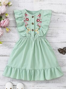 Niñas Vestido con bordado floral ribete con fruncido - Verde - Ver 1