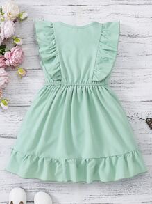 Niñas Vestido con bordado floral ribete con fruncido - Verde - Ver 2
