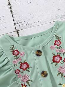 Niñas Vestido con bordado floral ribete con fruncido - Verde - Ver 3