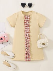 Niñas Vestido de cuadros ribete con fruncido de espalda con abertura de ojo - Albaricoque - Ver 1