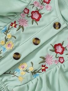 Niñas Vestido con bordado floral ribete con fruncido - Verde - Ver 5