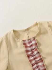 Niñas Vestido de cuadros ribete con fruncido de espalda con abertura de ojo - Albaricoque - Ver 5