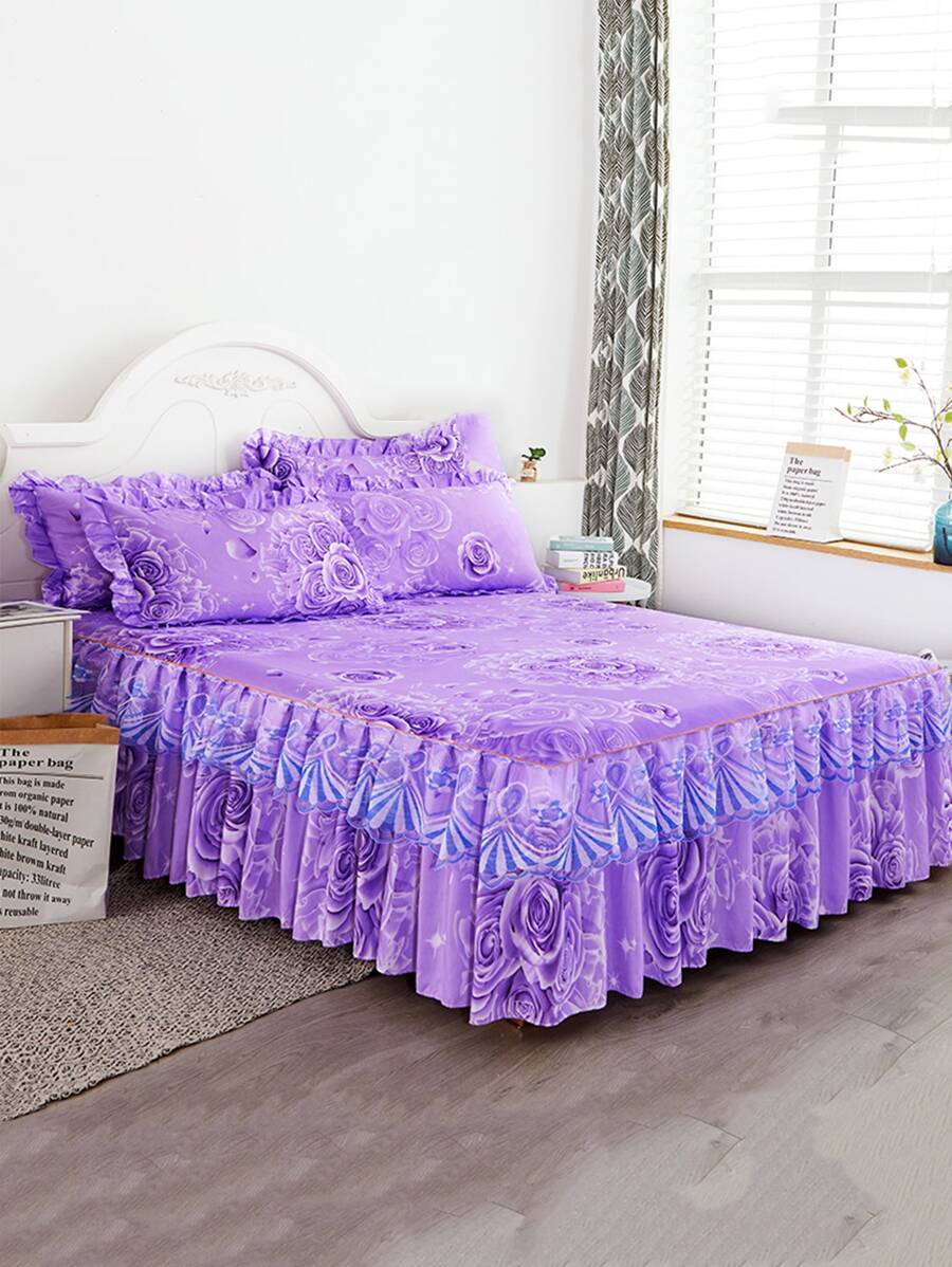 1 Họa Tiết Hoa Giường Váy, Chất Liệu Vải Hiện Đại Ren Viền Chăn Ga Giường Váy Cho Gia Đình - Màu tím - Xem 1