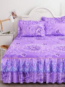 1 Họa Tiết Hoa Giường Váy, Chất Liệu Vải Hiện Đại Ren Viền Chăn Ga Giường Váy Cho Gia Đình - Màu tím - Xem 3