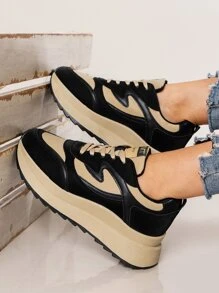 Letter Patch Decor Lace-up Front Wedge Sneakers - Multicolor - View 1